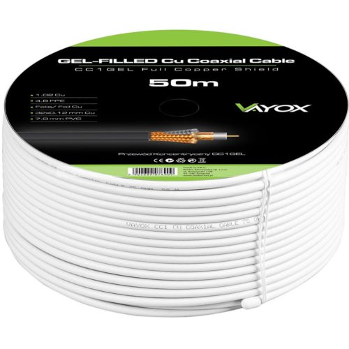 Kábel koaxiális antenna kábel réz gél CU föld 4K Full HD fehér 50M VAYOX