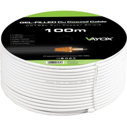 Kábel koaxiális antenna kábel réz gél CU föld 4K Full HD fehér 100M VAYOX