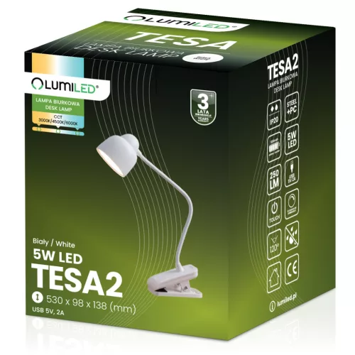 TESA 2 5W CCT LED asztali lámpa rajz- és iskolai asztalokhoz, fehér LUMILED