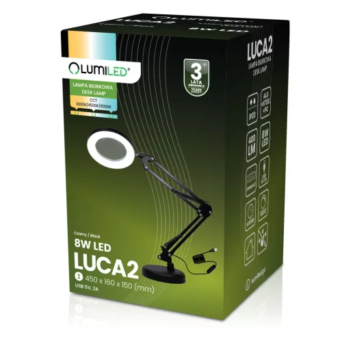 LUCA 2 fekete LED asztali lámpa 8W CCT rajzasztali lámpa 3x nagyítóval