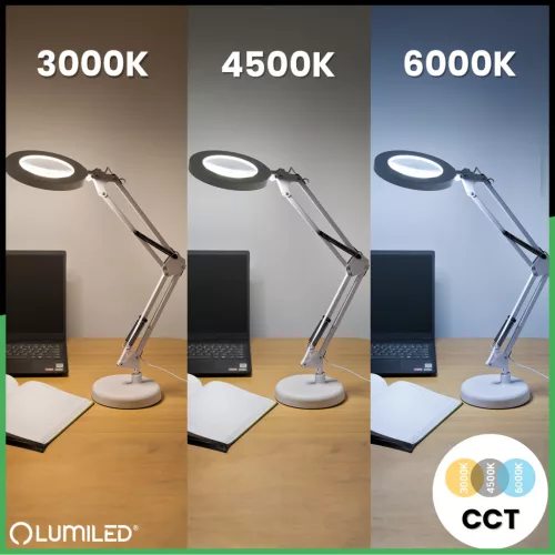 LUCA 2 LED asztali lámpa, 8 W, CCT, rajzasztali lámpa, 3 nagyító, fehér, LUMILED