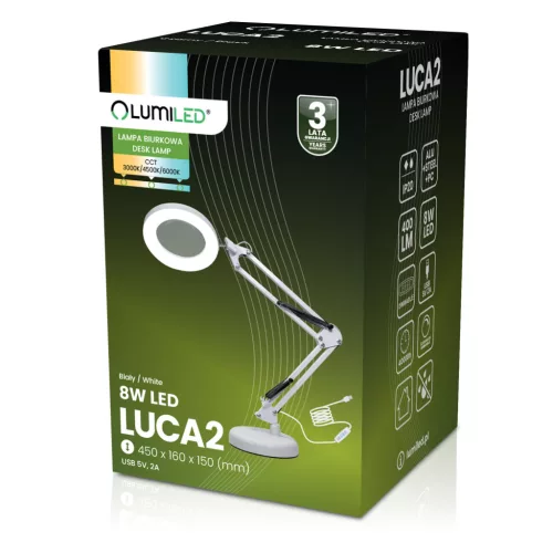 LUCA 2 LED asztali lámpa, 8 W, CCT, rajzasztali lámpa, 3 nagyító, fehér, LUMILED