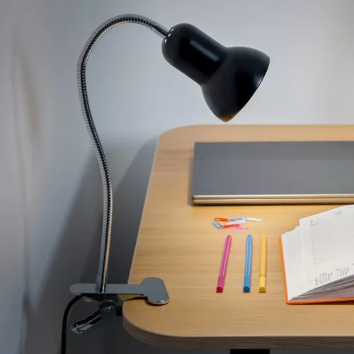DONA állítható asztali lámpa, iskolai éjszaka, E27, csipesz, fekete, LUMILED