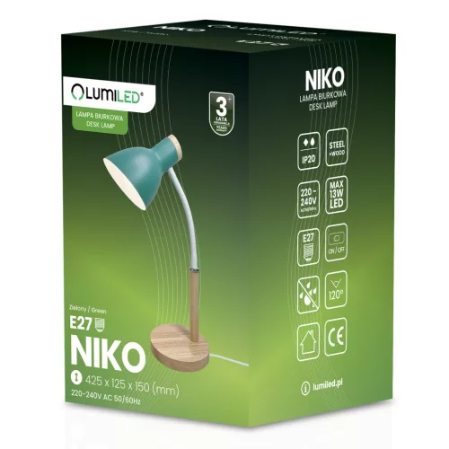 Asztali lámpa iskolai rajzasztalhoz, dekoratív, E27, NIKO, zöld, Lumiled