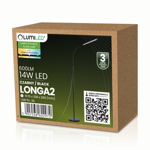 LED állólámpa, 14 W, CCT, szabályozható fényerővel és magasságállítással, LONGA 2, fekete, LUMILED