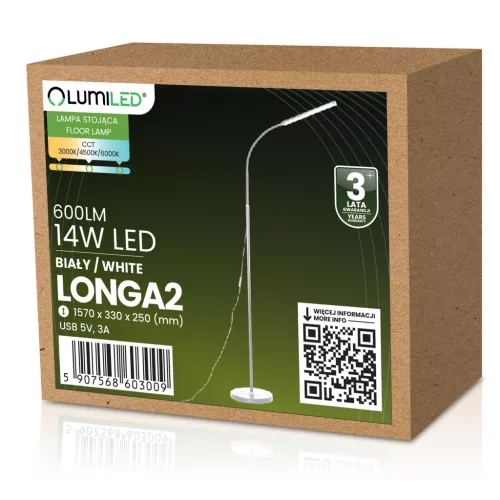 LED állólámpa, 14W CCT, szabályozható fényerővel és magasságállítással, LONGA 2, fehér, LUMILED