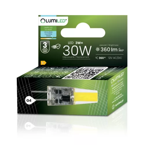 G4 LED izzó kapszula 3W = 30W 360lm 6500K Hideg 360° AC/DC 12V LUMILED