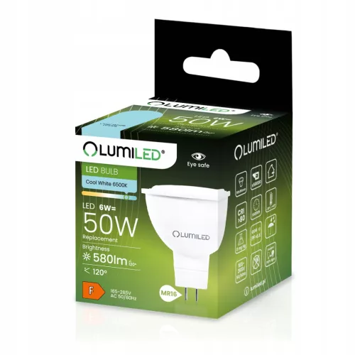 LED izzó GU5.3 MR16 6W = 50W 580lm 6500K Hideg 120° 230V LUMILED