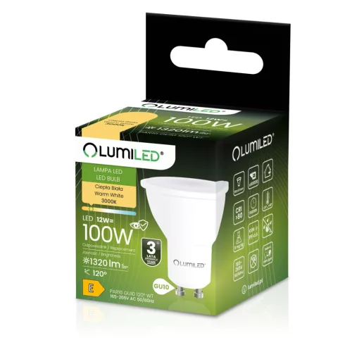 LED izzó GU10 spotlámpa PAR16 12W = 100W 1320LM 3000K Meleg 120° LUMILED