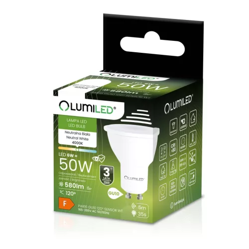 LED izzó GU10 spotlámpa PAR16 6W = 50W 580LM 4000K semleges 120° LUMILED mozgásérzékelővel