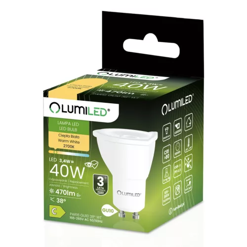 LED izzó GU10 spotlámpa PAR16 3.4W = 40W 470LM 2700K Meleg 38° LUMILED