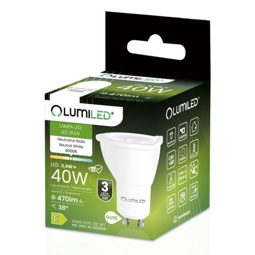 LED izzó GU10 spotlámpa PAR16 3.4W = 40W 470LM 4000K semleges 38° LUMILED