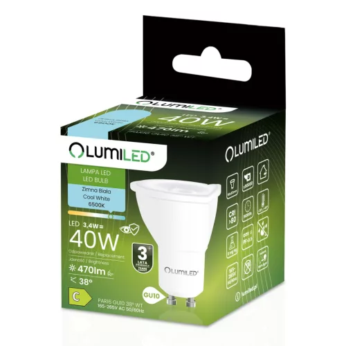 LED izzó GU10 spotlámpa PAR16 3.4W = 40W 470LM 6500K Hideg 38° LUMILED