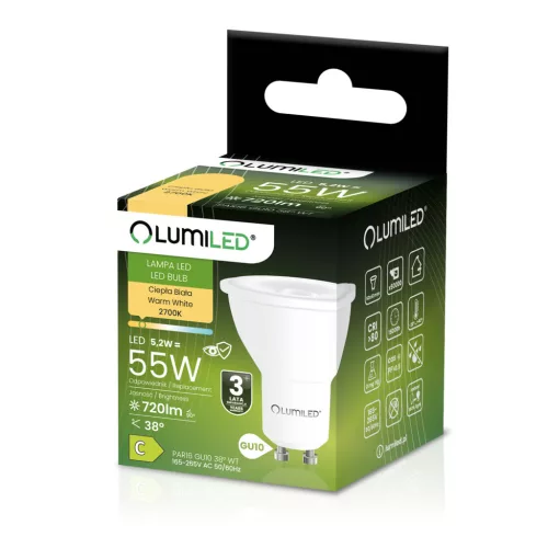 LED izzó GU10 spotlámpa PAR16 5.2W = 55W 720LM 2700K Meleg 38° LUMILED