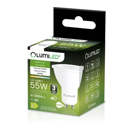 LED izzó GU10 spotlámpa PAR16 5.2W = 55W 720LM 4000K semleges 38° LUMILED