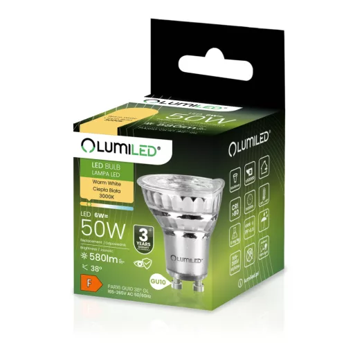GU10 LED izzó 6W = 50W 580lm 3000K meleg 38°-os üveg LUMILED
