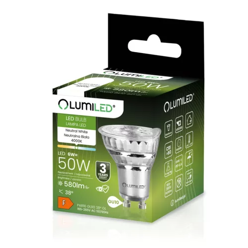 GU10 LED izzó 6W = 50W 580lm 4000K semleges 38°-os üveg LUMILED