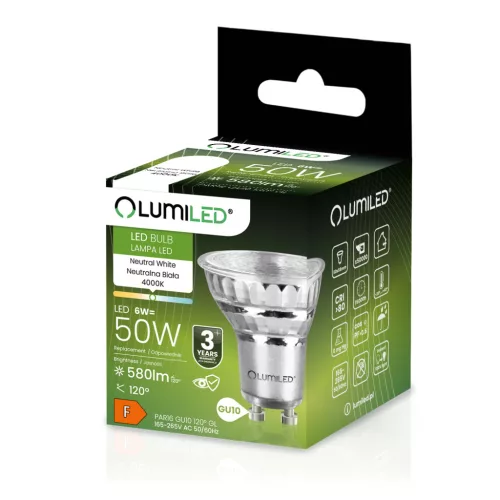 GU10 LED izzó 6W = 50W 580lm 4000K semleges 120°-os üveg LUMILED