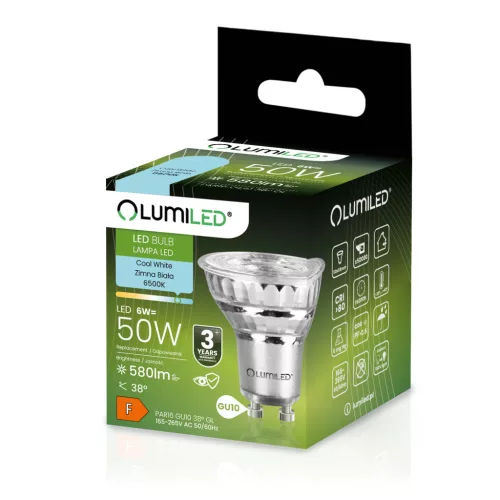 GU10 LED izzó 6W = 50W 580lm 6500K hideg 38°-os üveg LUMILED