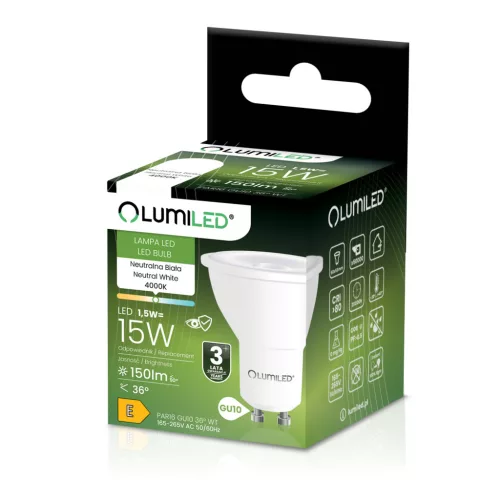 LED izzó GU10 spotlámpa PAR16 1.5W = 15W 150lm 4000K semleges 36° LUMILED