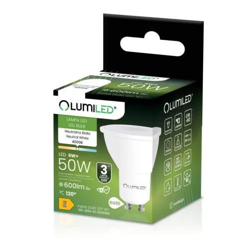 LED izzó GU10 spotlámpa PAR16 6W = 50W 600lm 4000K semleges 120° LUMILED
