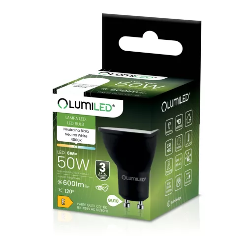 LED izzó GU10 spotlámpa PAR16 6W = 50W 600lm 4000K semleges 120° fekete LUMILED