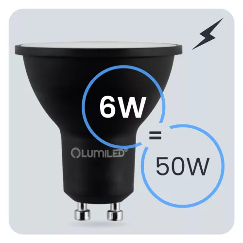 LED izzó GU10 spotlámpa PAR16 6W = 50W 600lm 4000K semleges 120° fekete LUMILED