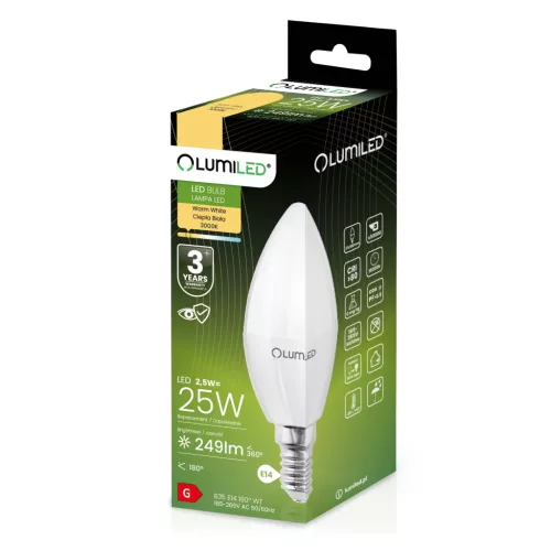 LED CANDLE izzó B35 E14 2.5W = 25W 249lm 3000K Meleg 180° LUMILED