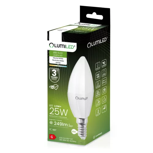 LED CANDLE izzó B35 E14 2.5W = 25W 249lm 4000K Semleges 180° LUMILED