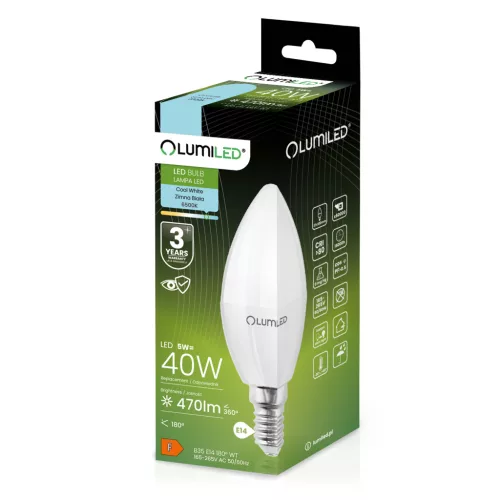 LED CANDLE izzó B35 E14 5W = 40W 470lm 6500K Hideg 180° LUMILED