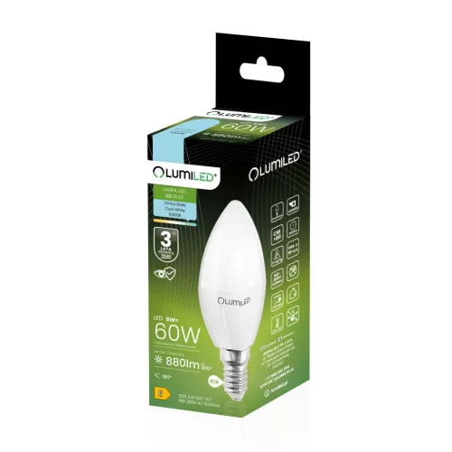 LED izzó E14 GYERTYA 8W = 60W 6500K Hideg fehér gyertya CCD LUMILED