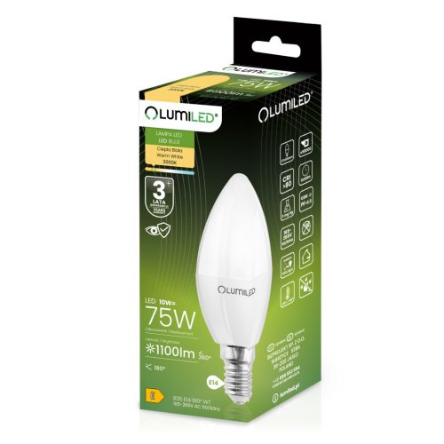 LED izzó E14 gyertya B35 10W = 75W 1100lm 3000K Meleg 180° LUMILED