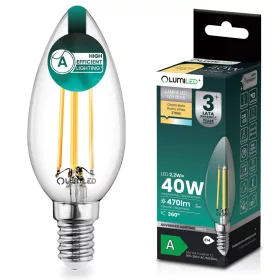   LED izzó E14 gyertya B35 2.2W 470lm = 40W 2700K Meleg 360° izzószál A osztályú LUMILED