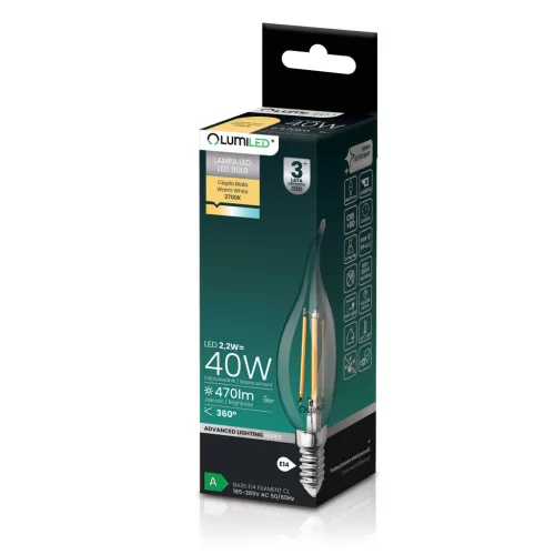 LED izzó E14 gyertya BA35 2.2W 470lm = 40W 2700K meleg izzószálas 360° A osztályú LUMILED