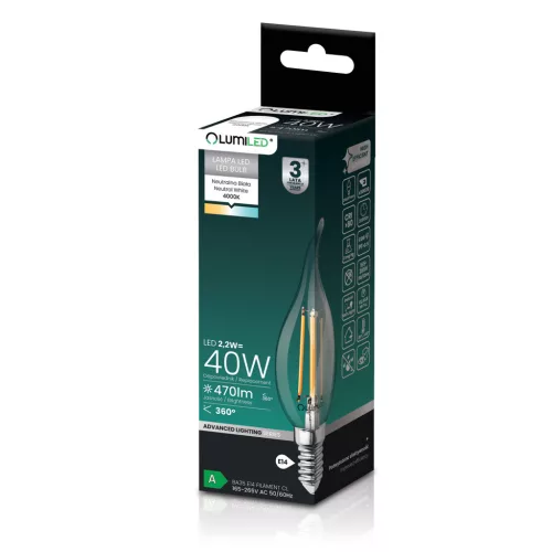 LED izzó E14 gyertya BA35 2.2W 470lm = 40W 4000K semleges izzószálas 360° A osztályú LUMILED