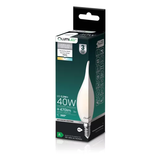 LED izzó E14 gyertya BA35 2.2W 470lm = 40W 4000K semleges 360° izzószálas A osztályú LUMILED