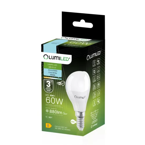 LED izzó E14 gömb alakú 8W = 60W 880lm 6500K Hideg színű CCD 180° fehér LUMILED