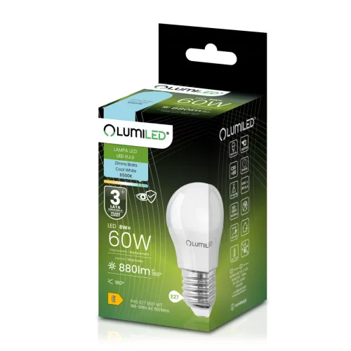 LED izzó E27 gömb alakú P45 8W = 60W 880lm 6500K Hideg 180° LUMILED