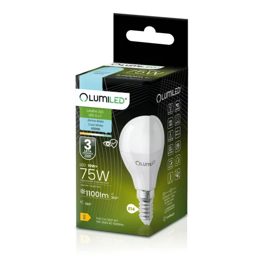 LED izzó E14 gömb alakú P45 10W = 75W 1100lm 6500K Hideg 180° LUMILED