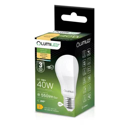 LED izzó E27 A60 5W = 40W 550lm 3000K Meleg 260° LUMILED