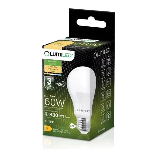 LED izzó E27 A60 8W = 60W 880lm 3000K Meleg 260° LUMILED