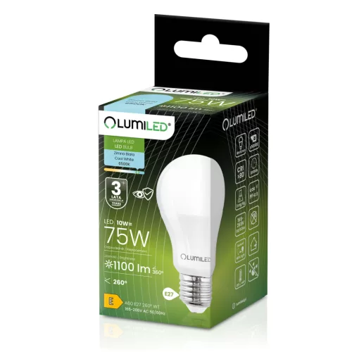 LED izzó E27 A60 10W = 75W 1100lm 6500K Hideg 260° LUMILED