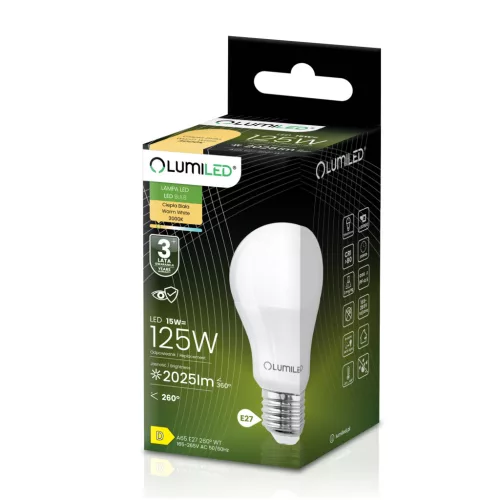 LED izzó E27 A65 15W = 125W 2025lm 3000K Meleg 260° LUMILED