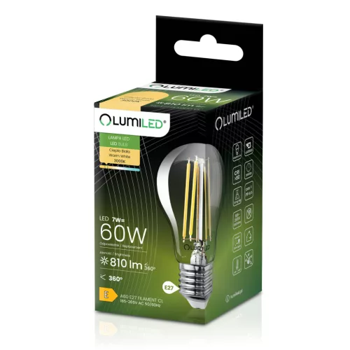 LED izzó E27 A60 7W = 60W 810lm 3000K Meleg 360°-os IZZÓFŰSZERES LUMILED