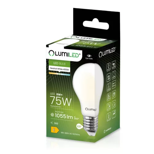 E27 A60 LED izzó 8W = 75W 1055lm 4000K Semleges 360°-os filament tejszerű LUMILED