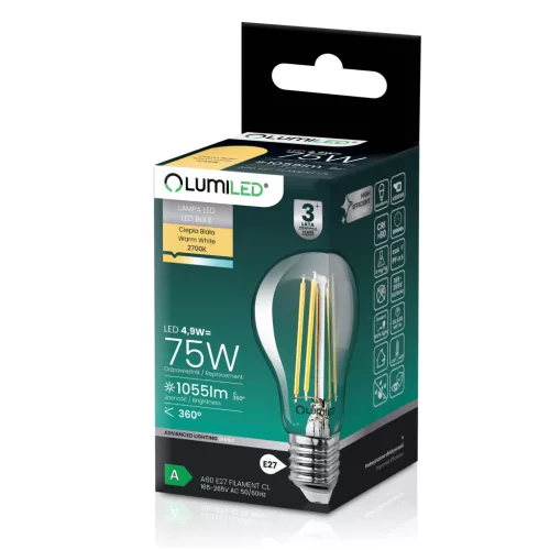 LED izzó E27 A60 4,9W 1055lm = 75W 2700K meleg fehér 360° Filament A osztály LUMILED
