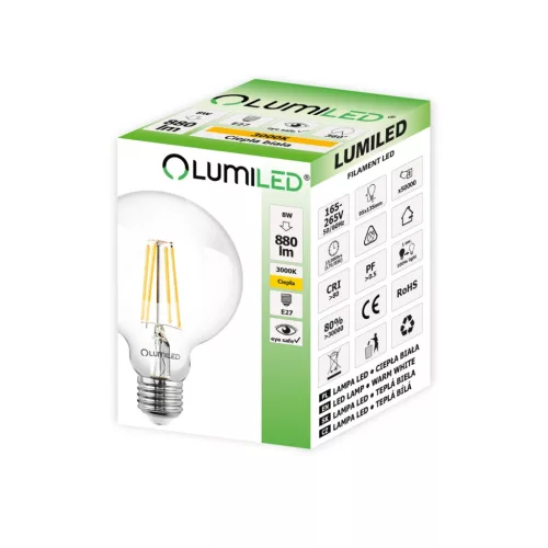 LED dekoratív gömbizzó E27 G95 8W = 65W 880lm 3000K  360°-os izzószál