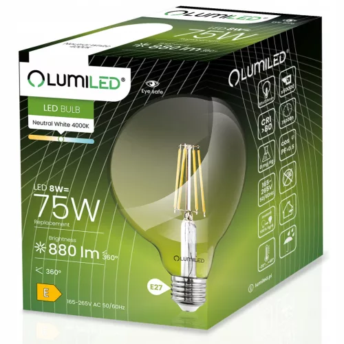 E27 G95 LED izzó 8W = 75W 4000K Semleges Globe Izzószál LUMILED