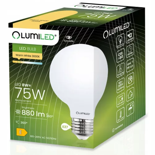 E27 G95 LED izzó 8W = 75W 3000K meleg földgömb, tejszerű szál LUMILED