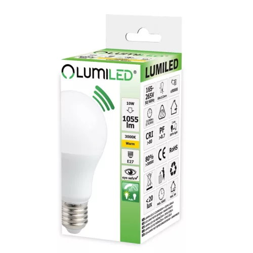 E27 A60 LED izzó 10W = 75W 1055lm 3000K Meleg 260° LUMILED mozgásérzékelővel